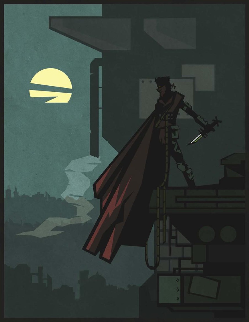 Une silhouette masqué et armé, avec une grande cape rouge, devant une pleine lune.